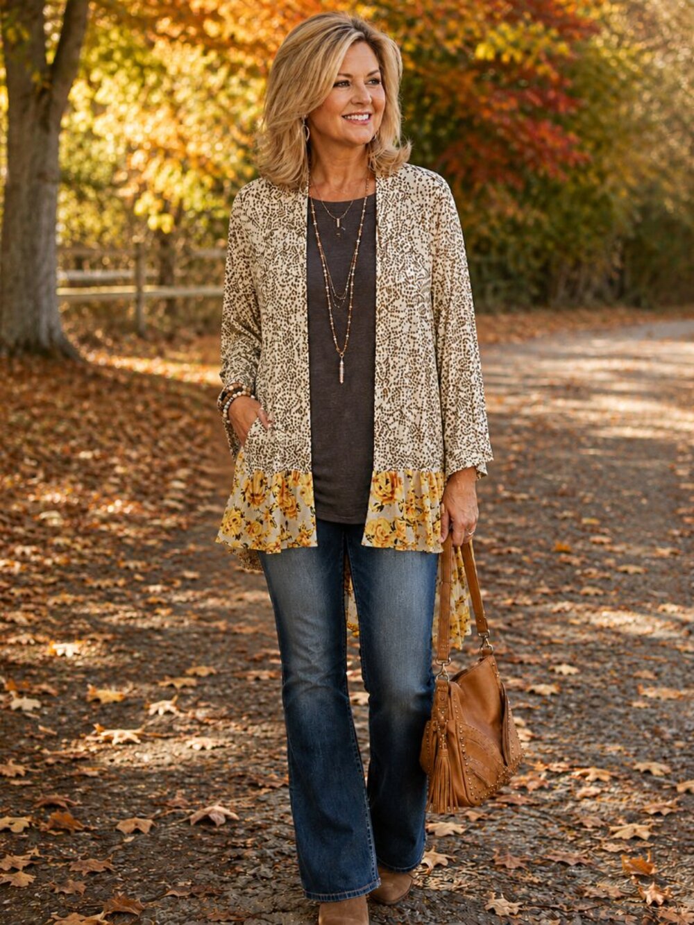 LOGO by Lori Goldstein Lg Slve Open Front Tunic Cream w/Brown Polka Dots L